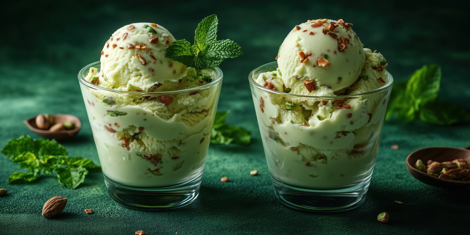 Creamy mint pistachio ice cream served in elegant glasses garnished with fresh mint leaves and chopped nuts